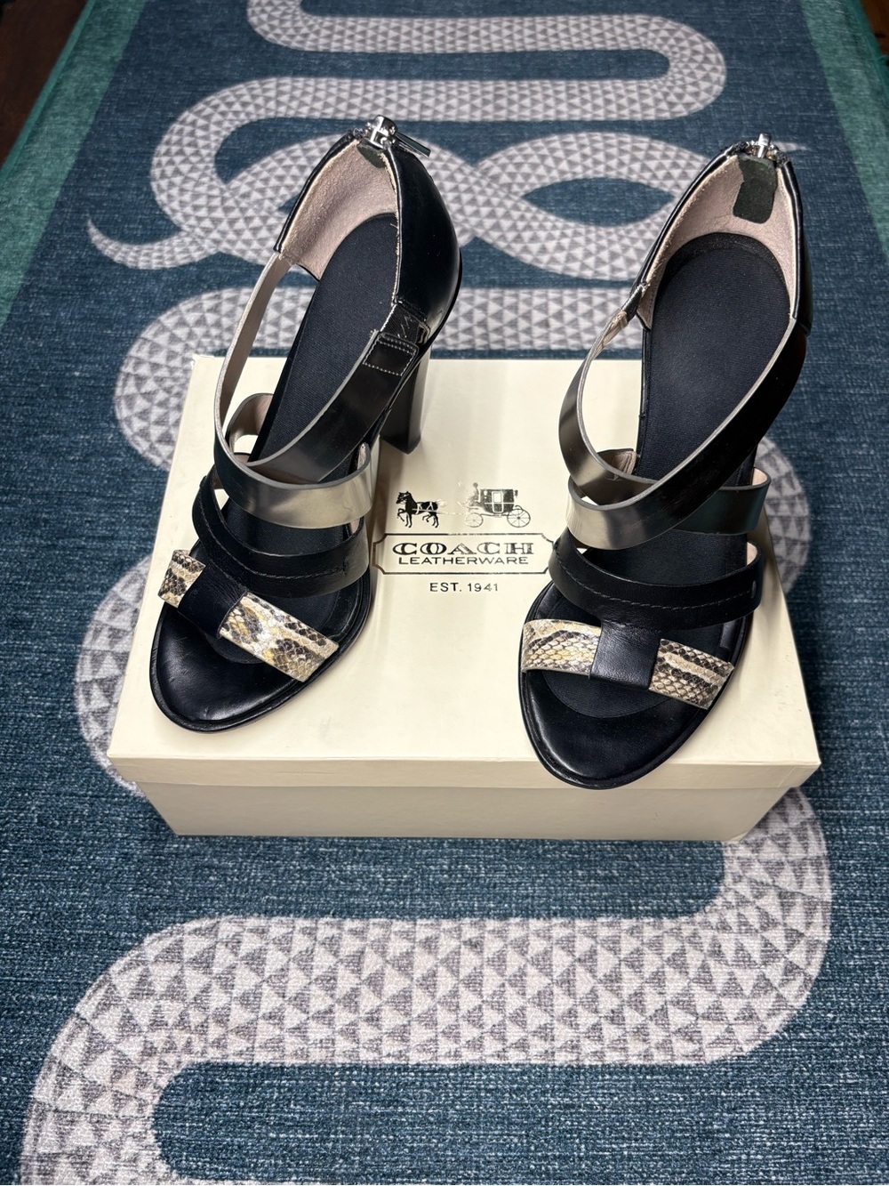 Coach Black Leather Heels with Snake-Print Accents
